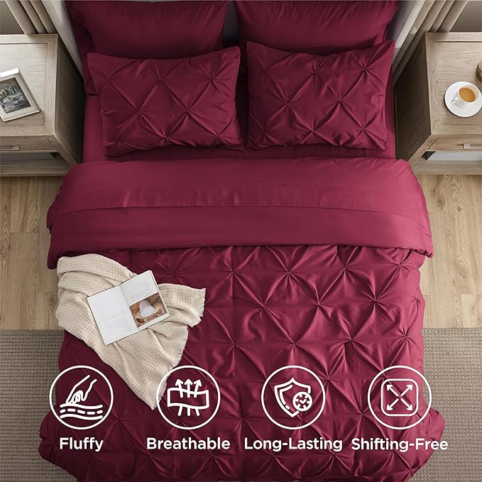 Bedsure Twin Comforter Set Dark Red - Bed in a Bag Twin Size Bedding 5 Pieces, GentleSoft™ Pintuck Bed Set Gift for Family, Pinch Pleat Dark Red Comforter with Sheets, Pillowcase & Sham