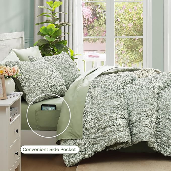 Twin XL Size Comforter Sets-5 Pieces Puff Sage Green Floral Bedding Set for All Seasons, Shabby Chic Farmhouse Bed in a Bag Twin XL with Floral Comforter, Sheets, Pillowcases & Shams