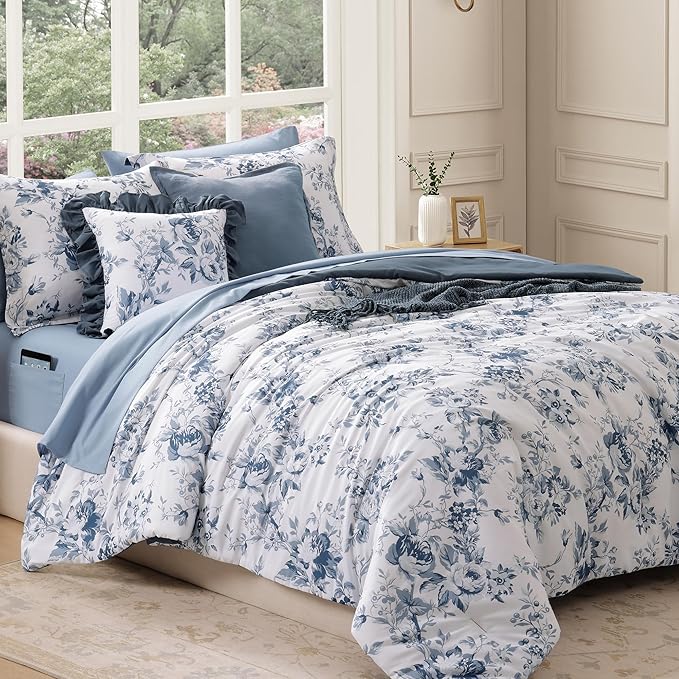 Oversized King Comforter Set -7 Pieces Floral Rain Washed Bedding Set for All Seasons, Bed in a Bag with Botanical Flowers Comforter, Sheets, Pillowcases & Shams