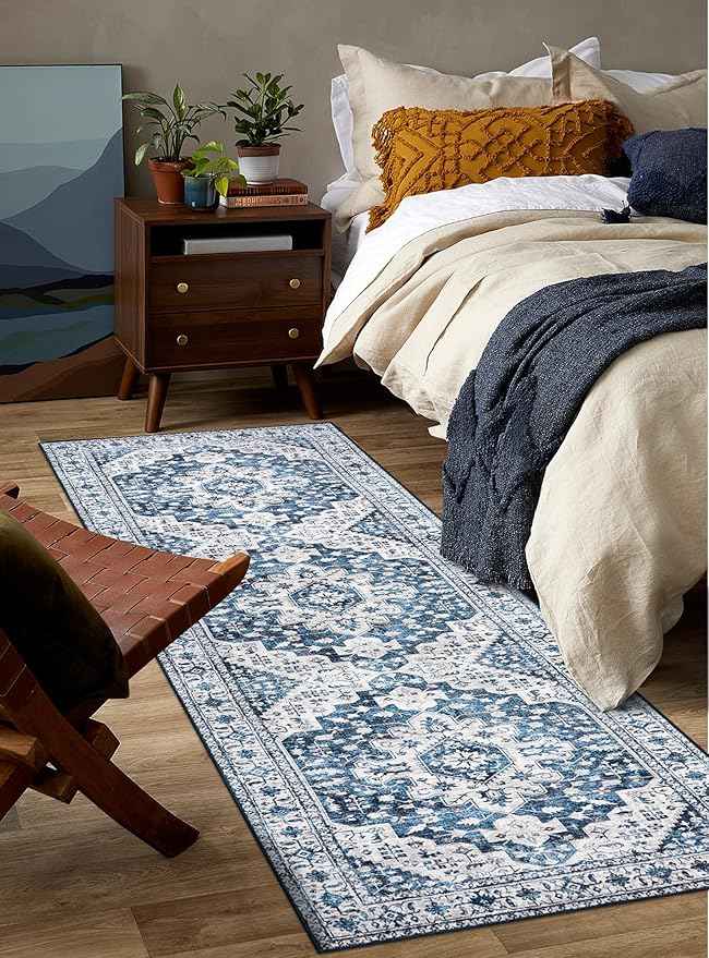 Moynesa Blue Vintage Floral Medallion Runner Rug, 2'6" x 8', Machine Washable, Non-Slip, Pet Friendly, High-Traffic Areas