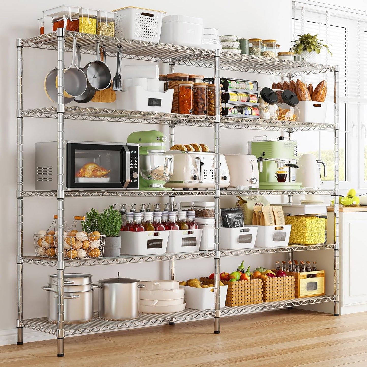 REIBII 58" W 5 Tier Heavy Duty Wire Shelving Unit with Adjustable Shelves - 1400LB Metal, Chrome - 58" W x 59" H x 13.8" D - Garage, Pantry, Kitchen - NestledHome