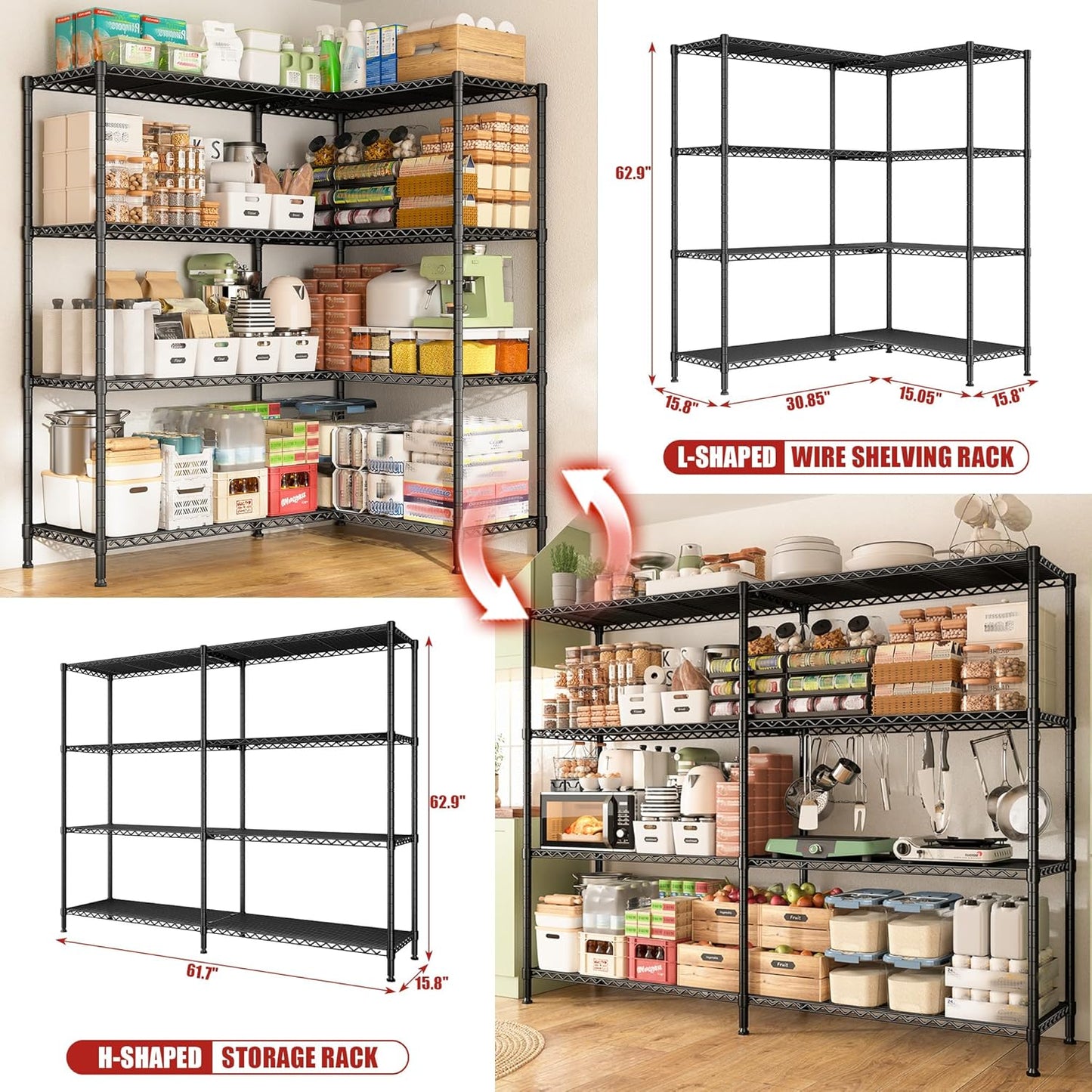 REIBII 61.7''W Storage Shelves Load 1220LBS Wire Shelving Unit 4 Tier Metal Shelving for Storage Rack Shelves Heavy Duty Garage Shelf Pantry Shelves Kitchen Shelving, 61.7" W*62.9" H*15.8" D, Black - NestledHome