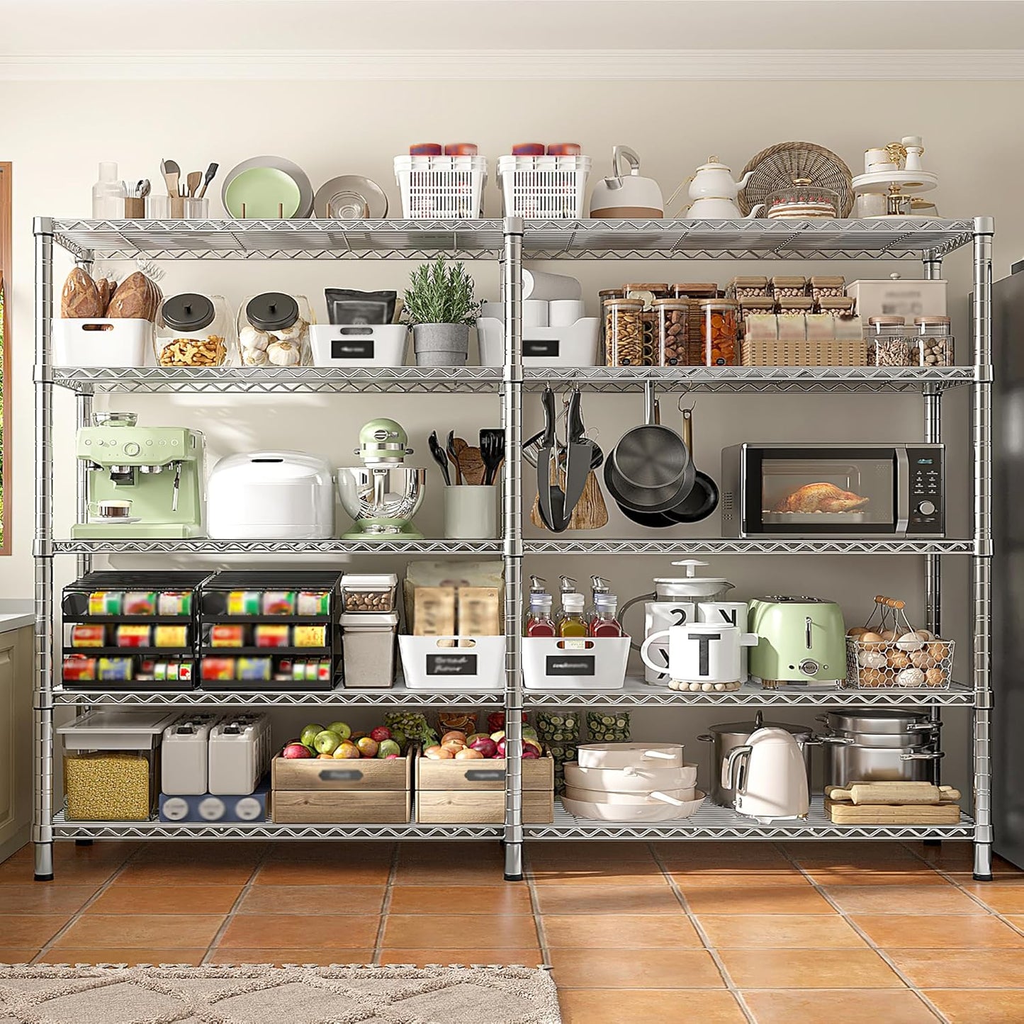 REIBII 1500LBS Storage Shelves 61.7''W Wire Shelving Unit 5 Tier Metal Shelving for Storage Rack Shelves Heavy Duty Garage Shelf Pantry Shelves Kitchen Shelving, 61.7" W*72.4" H*15.8" D, Chrome - NestledHome