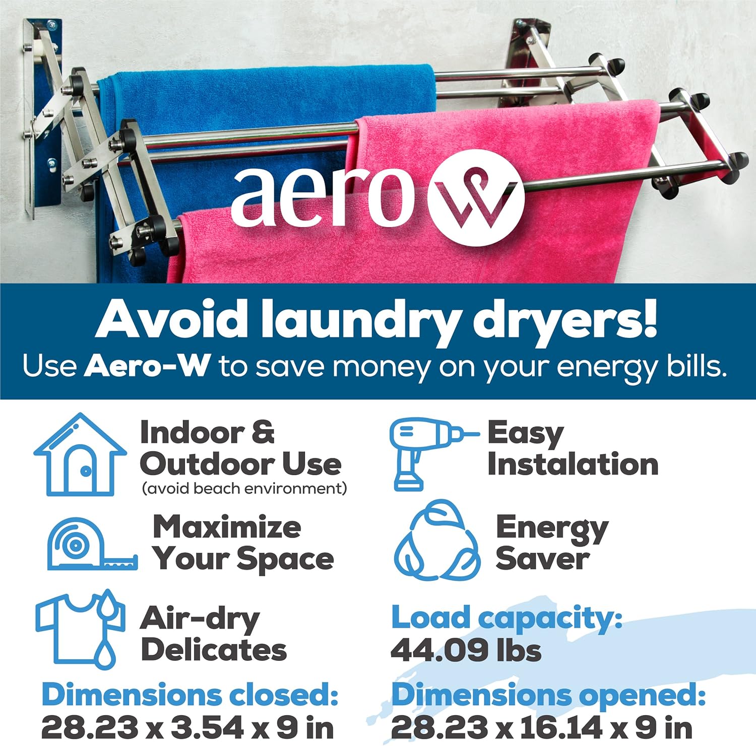 AERO W Racks Stainless Steel Wall Mounted Collapsible Laundry Clothes Drying Rack 45 Pound Capacity 11 Linear Ft - NestledHome