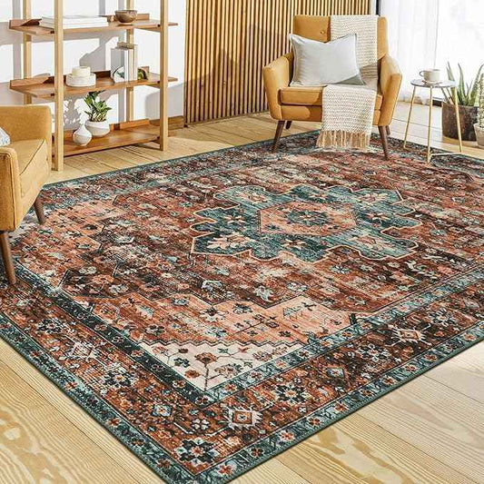 Moynesa Ultra-Thin Vintage Area Rug - 6x9 Washable Bedroom Rug Large Living Room Rug Non-Slip Dining Room Mat, Oriental Printed Low Pile Nursery Carpet for Office Kitchen Entryway, Brick Red/Dull Teal