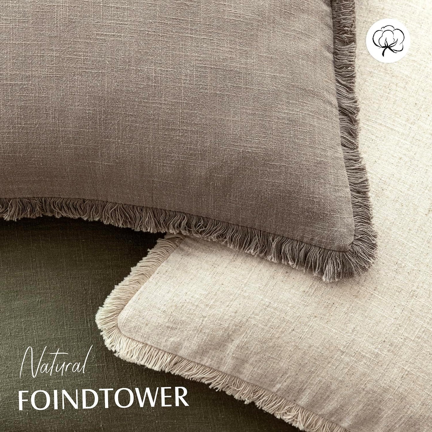 Foindtower Set of 2 Decorative Linen Fringe Lumbar Throw Pillow Covers Boho Farmhouse Cushion Cover with Tassels Soft Accent Pillowcase for Couch Sofa Bed Living Room Home Decor,12×20 Inch,Brown Tan