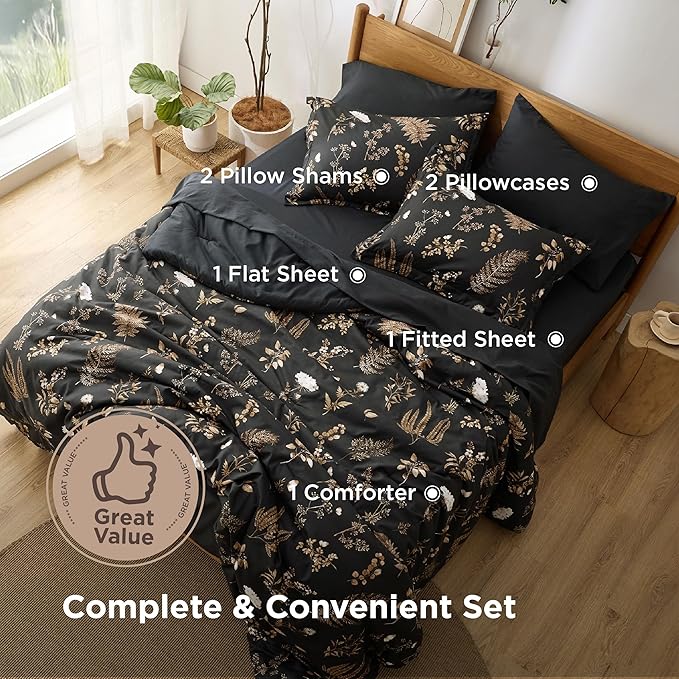 Bedsure Black Full Comforter Set - 7 Pieces Floral Bedding Sets Full Bed in a Bag with Reversible Botanical Flowers Comforter, Sheets, Pillowcases & Shams