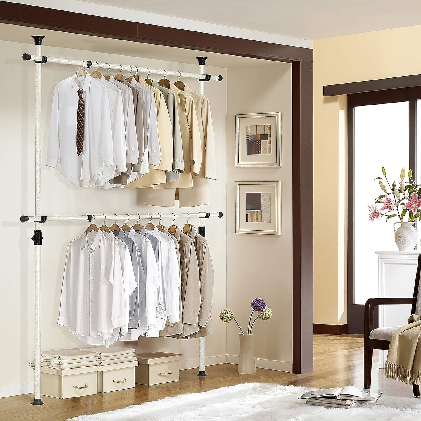PRINCE HANGER Rack Heavy Duty One Touch System Load 352LBS Clothing Racks for Hanging Clothes Metal Closet Garment Closet system Tension Rod Free Standing Ivory Width Adjustable PHUS-0023 - NestledHome