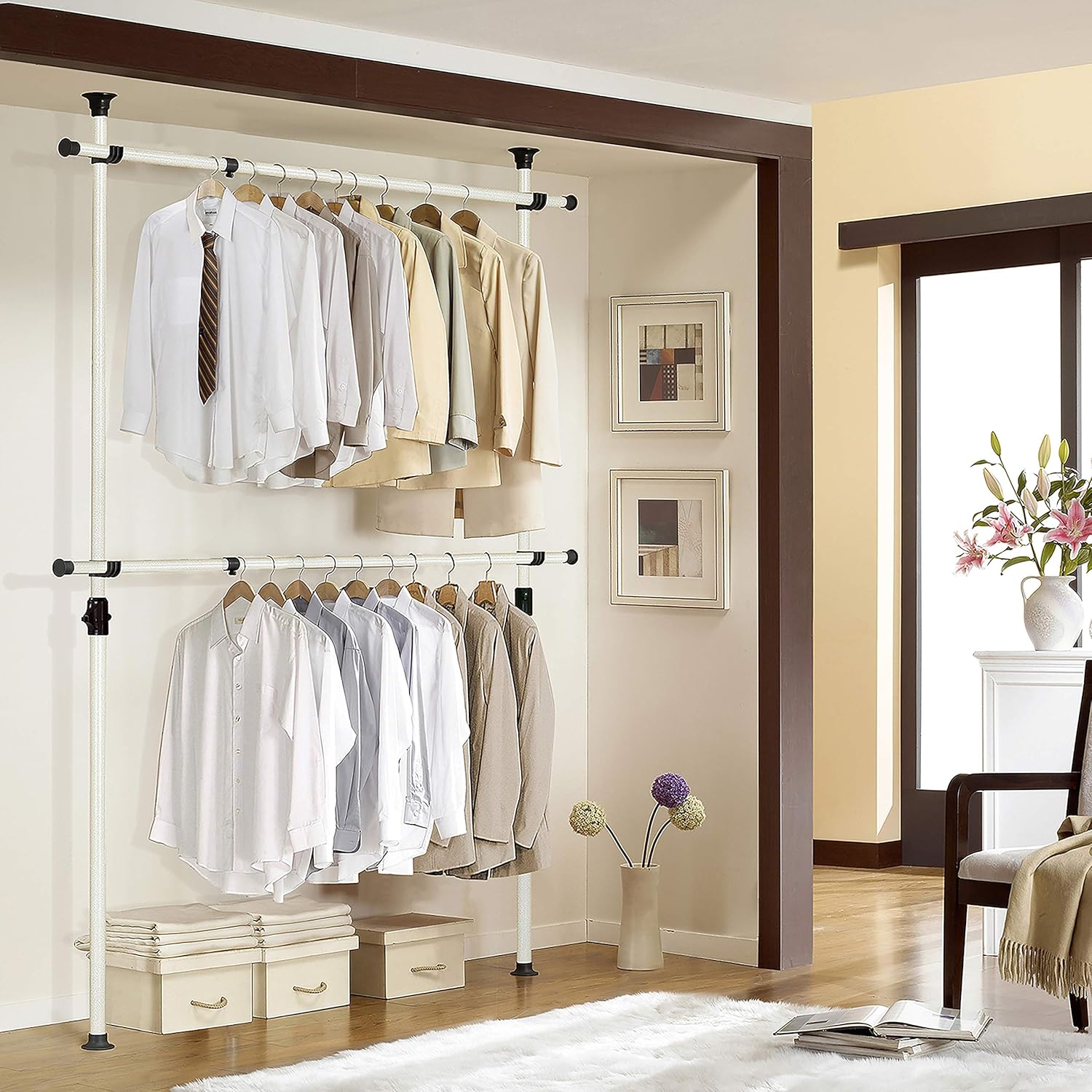 PRINCE HANGER Rack Heavy Duty One Touch System Load 352LBS Clothing Racks for Hanging Clothes Metal Closet Garment Closet system Tension Rod Free Standing Ivory Width Adjustable PHUS-0023 - NestledHome