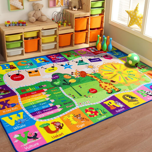 5x7 Playroom Rugs for Kids Washable, Educational and Fun Playmat with ABC Alphabet Animals Shapes Colors, Non-Slip Play Mat Learning Rugs for Baby Toddler Children Game Activity - NestledHome