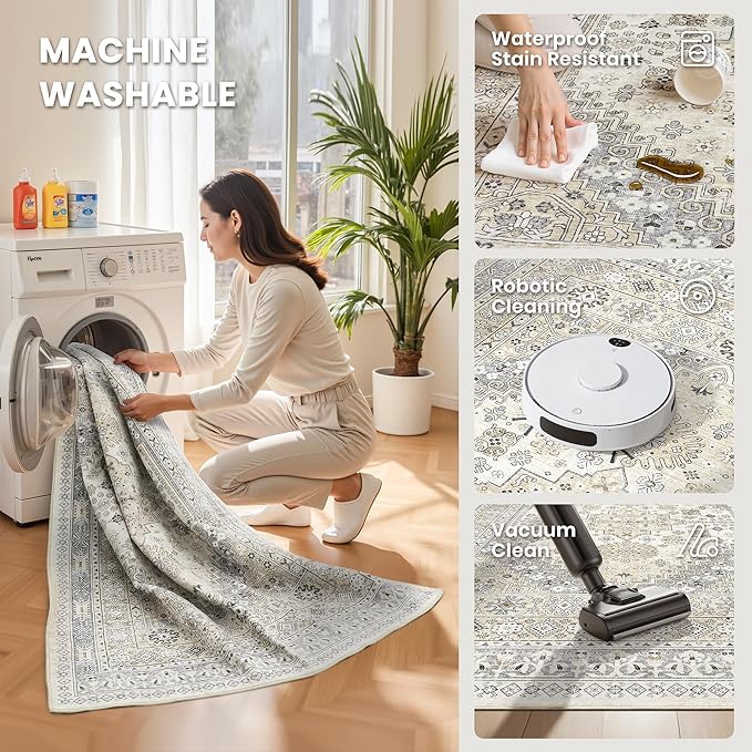 zesthome 10x12 Area Rugs,Stain Resistant Washable Rug,Ultra-Thin Rugs for Living Room,Bedroom,Non-Slip Backing Home Decor Large Area Rug (Beige,10'x12')