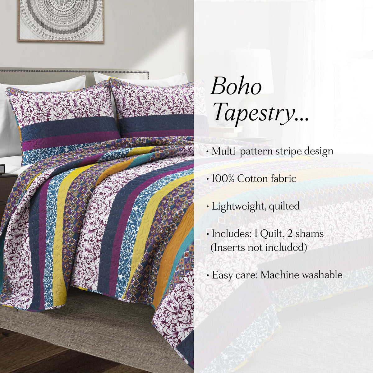Boho Stripe Reversible Cotton Quilt 3 (3 Count)