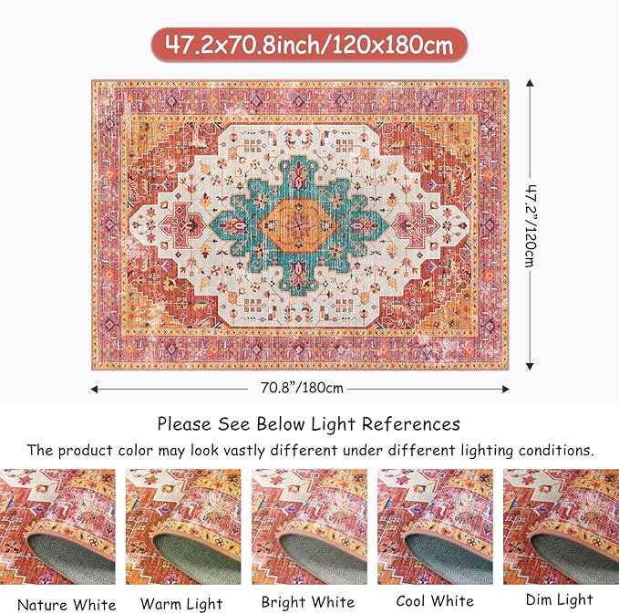 Moynesa Ultra-Thin Washable Area Rug - 4x6 Pink Rugs for Bedroom Girls Vintage Rug for Living Room, Non Slip Non Shedding Low Pile Indoor Throw Carpet for Nursery Office Entryway Kitchen Foyer