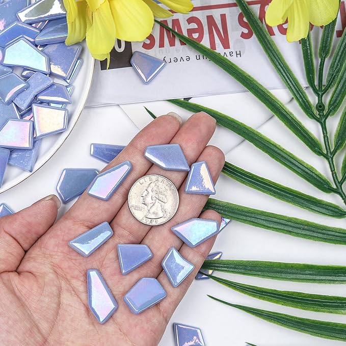 Youway Style Iridescent Glass Mosaic Tiles for Crafs Bulk,200g Sky Blue Broken Stained Glass Pieces for Crafts DIY Mosaic Art Decor,Garden Mosaic Supplies