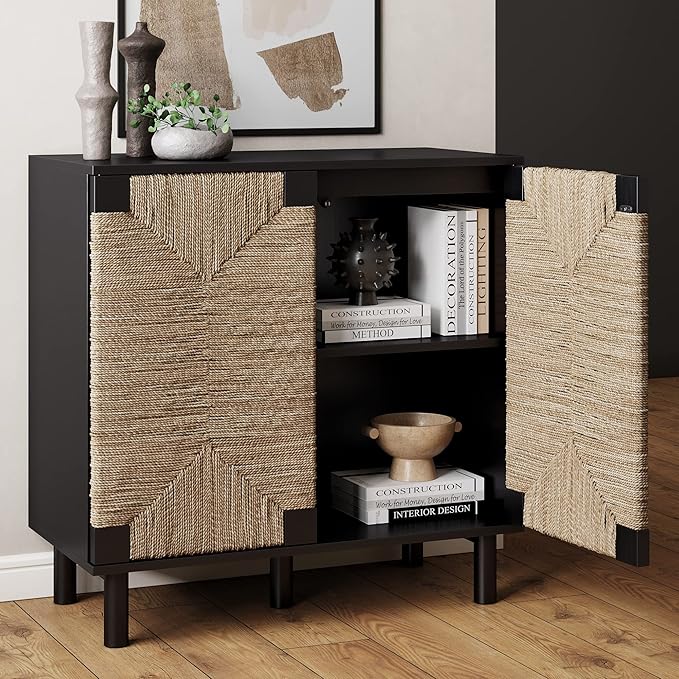 Nathan James Beacon Accent Natural Sideboard Storage Cabinet TV Stand in Wire-Brushed Wood with Adjustable Interior Shelf and Seagrass Doors, for Hallway, Entryway or Dining Room, Black, Set of 2