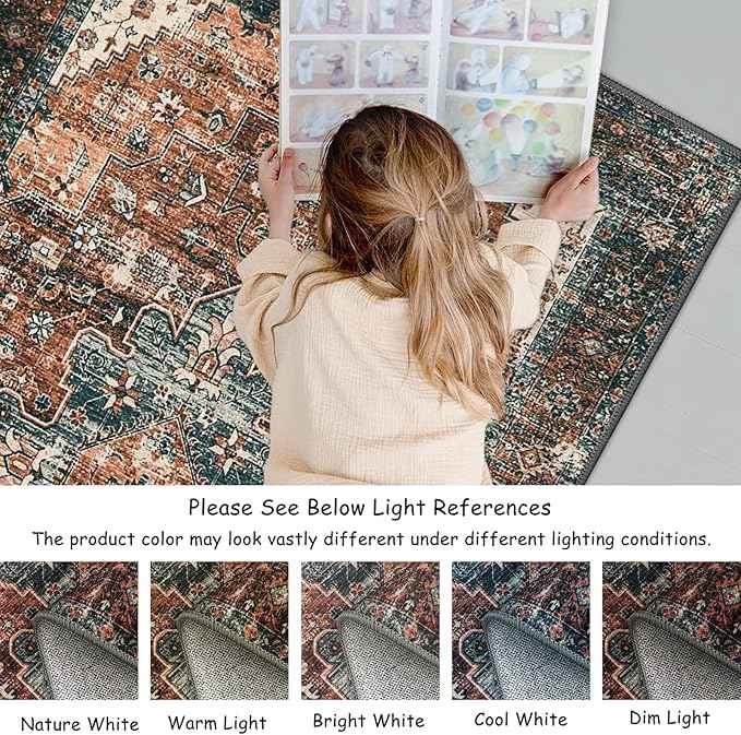 Moynesa Ultra-Thin Washable Vintage Area Rug - 3x5 Boho Non-Slip Entryway Rug Oriental Medallion Living Room Rug Entrance Mat Carpet for Kitchen Laundry Bathroom Bedroom, Brick Red/Dull Teal