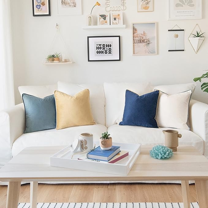 MONDAY MOOSE Decorative Throw Pillow Covers Cushion Cases, Set of 4 Soft Velvet Modern Double-Sided Designs, Mix and Match for Home Decor, Pillow Inserts Not Included (18x18 inch, Blue/Beige)