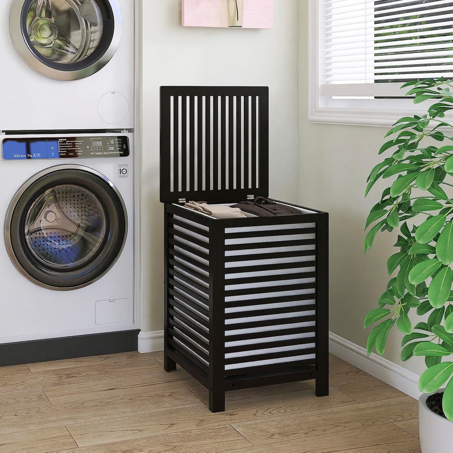 SMIBUY Double Laundry Hamper with Lid, 120L Bamboo Laundry Basket with Removable Liner Bag, 2-Section Clothes Divider Laundry Sorter for Laundry Room, Bathroom, Bedroom (Black) - NestledHome