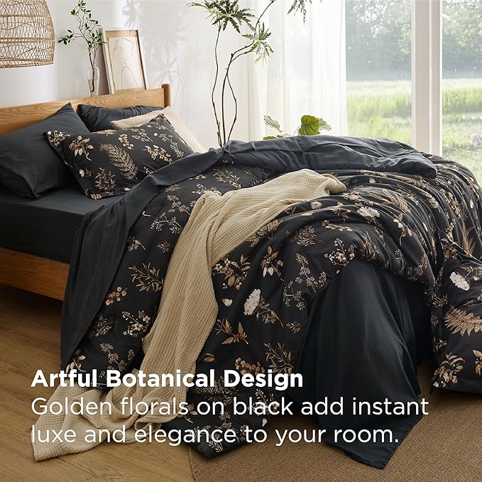 Bedsure Black Full Comforter Set - 7 Pieces Floral Bedding Sets Full Bed in a Bag with Reversible Botanical Flowers Comforter, Sheets, Pillowcases & Shams
