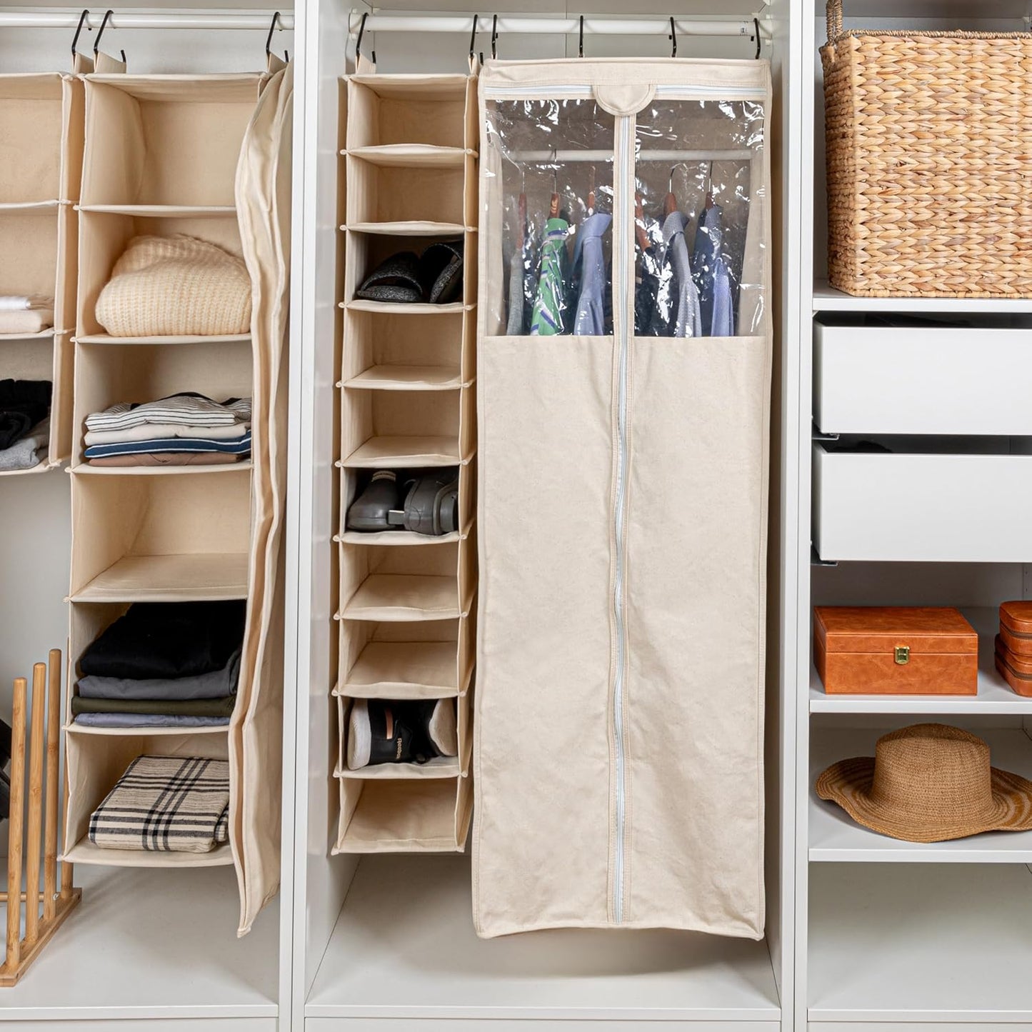 Household Essentials Hanging Shoe Organizer, 10 Wide Cubbies with Cedarline Pockets, Heavy-Duty Cotton Canvas, Removable and Industrial Hooks, Natural - NestledHome