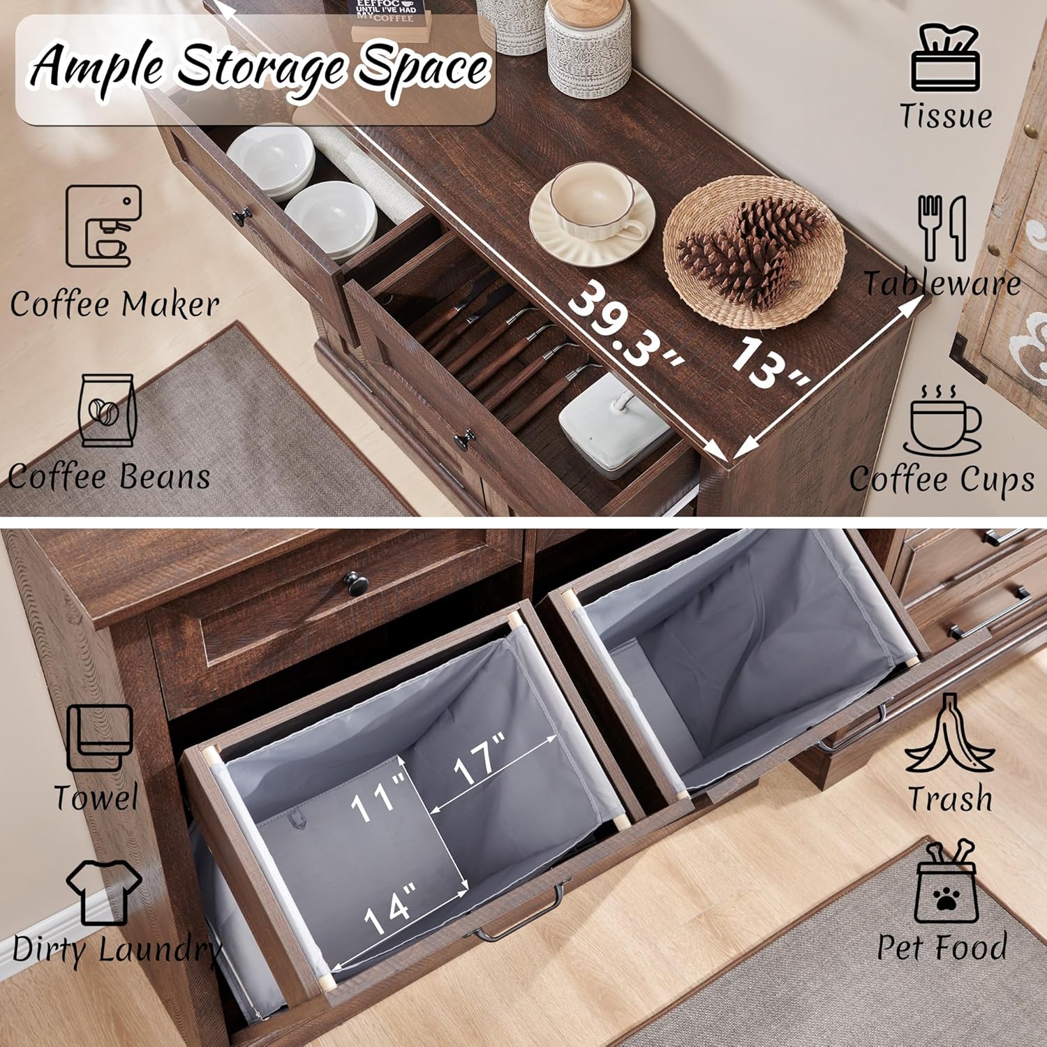 Double Tilt Out Laundry Hamper Cabinet, 20 Gallon Farmhouse Trash Can Cabinet with Drawer, Hidden Wood Garbage Can Bin Cabinet with Laundry Storage Basket for Bathroom, Kitchen, Brown - NestledHome