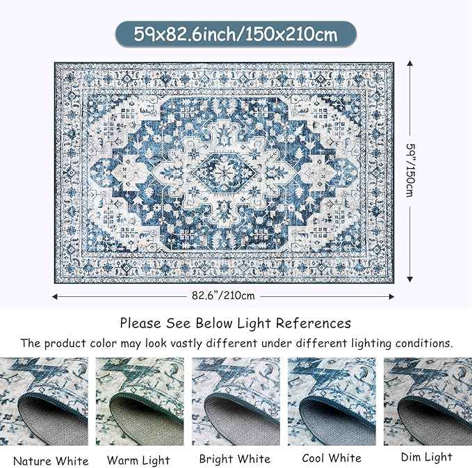 Moynesa Ultra-Thin Washable Area Rug - 5x7 Blue Rugs for Living Room Washable Rugs for Bedroom Soft Dining Room Mat, Vintage Printed Low Pile Indoor Carpet for Office Sunroom Playroom