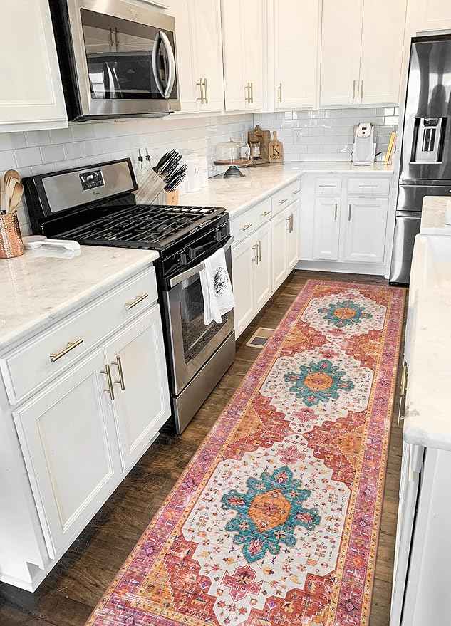 Moynesa Ultra-Thin Washable Rug - 2'6" x 10' Pink Long Hallway Carpet, Vintage Non Skid Non Shedding Low Pile Bedroom Mat for Girl's Room, Bathroom, Kitchen