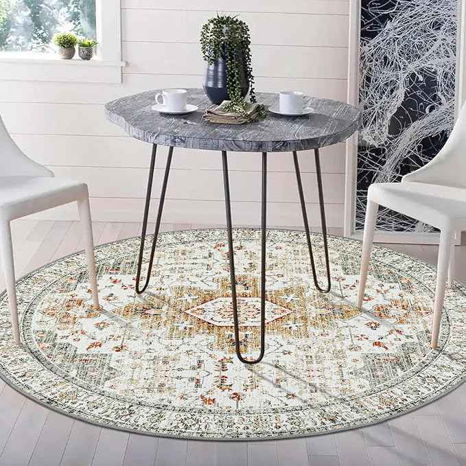 Moynesa Ultra-Thin Washable Round Rug - 4ft Oriental Circle Area Rugs for Bedroom Entryway, Vintage Non Slip Non Shedding Low Pile Carpet for Living Room Coffee Table Kitchen, Beige/Gold