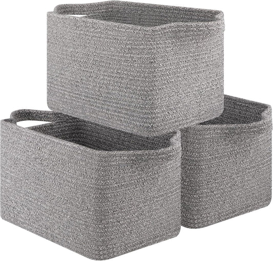 OIAHOMY Storage Basket, Woven Baskets for Storage, Cotton Rope Basket for toys,Towel Baskets for Bathroom - Pack of 3, Light Grey