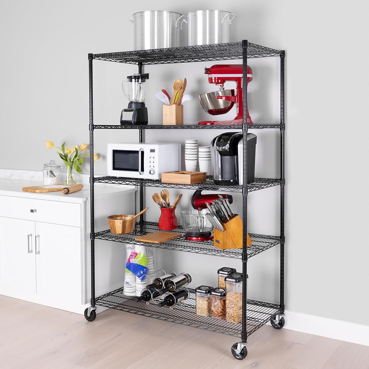 Seville Classics UltraDurable Heavy Duty NSF Solid Steel Wire Rack Storage Unit, Organizer for Garage, Warehouse, Office, Restaurant, Classroom, Kitchen, Black, 5-Tier Shelving, 48" W x 24" D - NestledHome