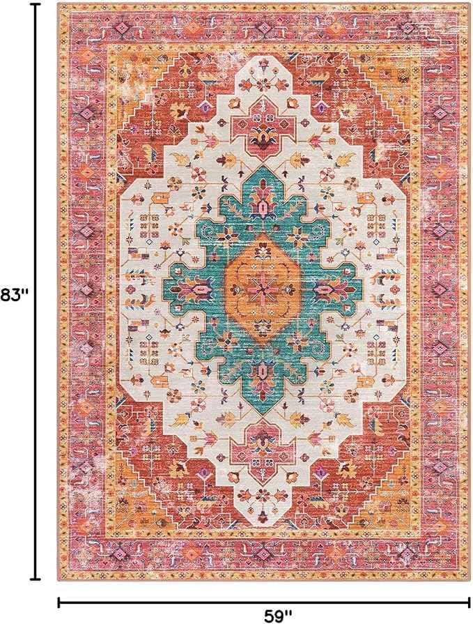 Moynesa Ultra-Thin Washable Vintage Area Rug - 5x7 Large Bedroom Boho Non-Slip Non-Shedding Living Room Mat Oriental Medallion Floor Carpet for Kids Nursery Room Office, Pink/Teal/Multi