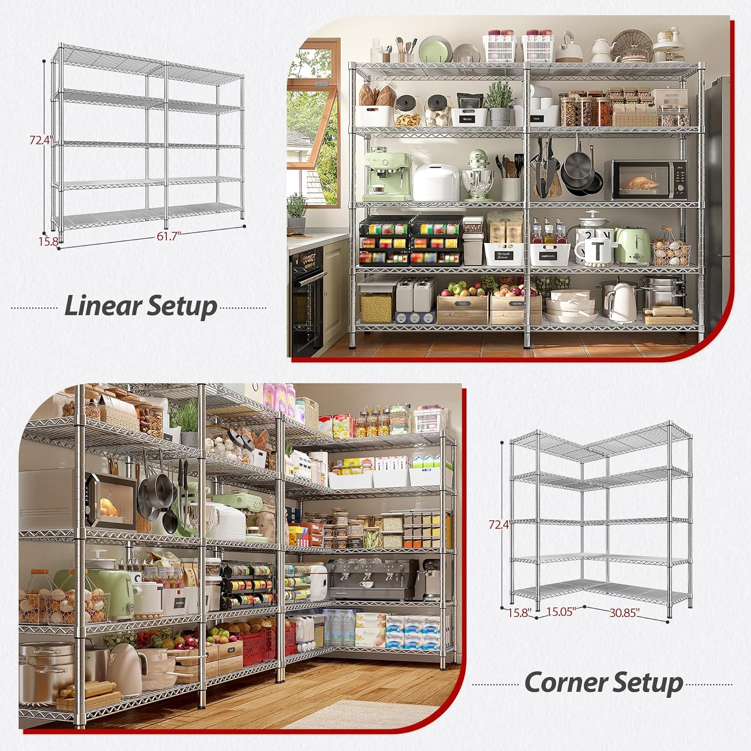 REIBII 1500LBS Storage Shelves 61.7''W Wire Shelving Unit 5 Tier Metal Shelving for Storage Rack Shelves Heavy Duty Garage Shelf Pantry Shelves Kitchen Shelving, 61.7" W*72.4" H*15.8" D, Chrome - NestledHome