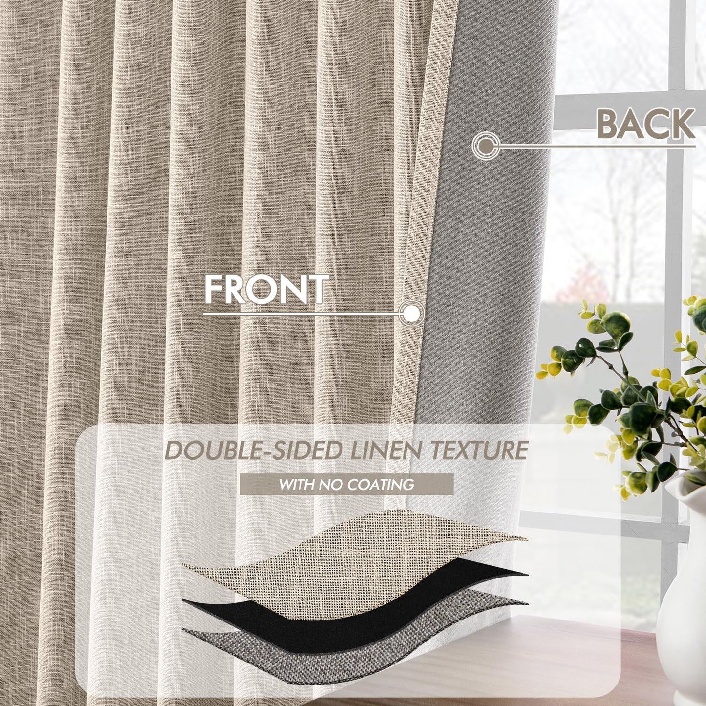 MIULEE Beige 100% Blackout Linen Curtains 90 Inch 2 Panels Set Double Sided No Coating Pleated Back Tab Black Out Long Thermal Insulated Pinch Pleat Bedroom Living Room Darkening Window Drapes