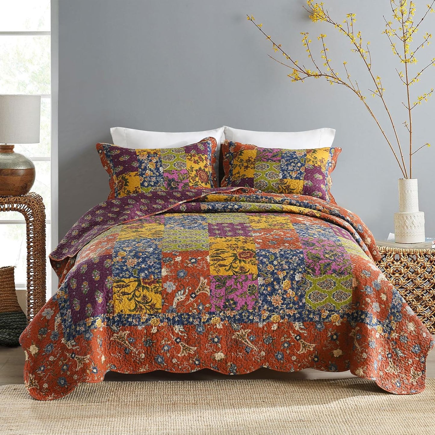 Secgo King Size Comforter Set- 100% Cotton Quilt King Size Set, Green, Sage bedspreads (96 * 108 Inch) with 2 Pillow Shams, Patchwork Reversible Lightweight Bedding