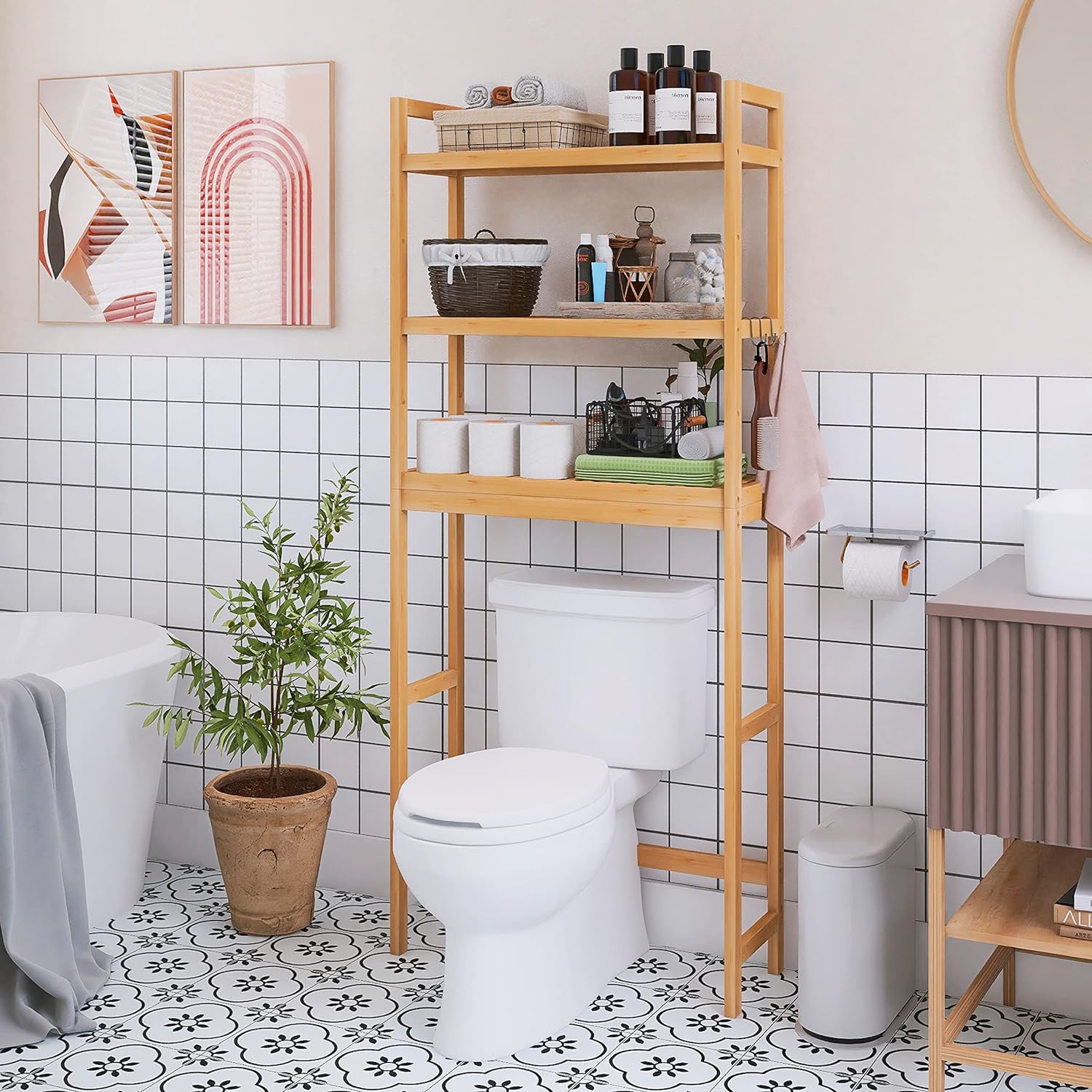 SMIBUY Bathroom Storage Shelf, Bamboo Over-The-Toilet Organizer Rack, Freestanding Toilet Space Saver with 3-Tier Adjustable Shelves (Natural) - NestledHome
