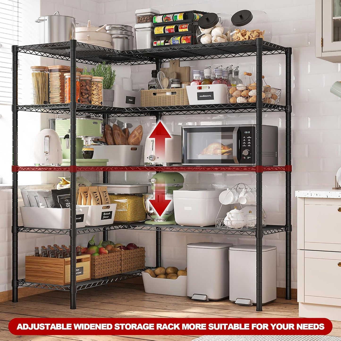 REIBII 5 Tier Wire Shelving Storage Shelves Loads 1430LBS, 58" W Metal Shelving for Storage Adjustable Shelving Unit Heavy Duty Garage Shelves Pantry Shelves Kitchen, Black - NestledHome