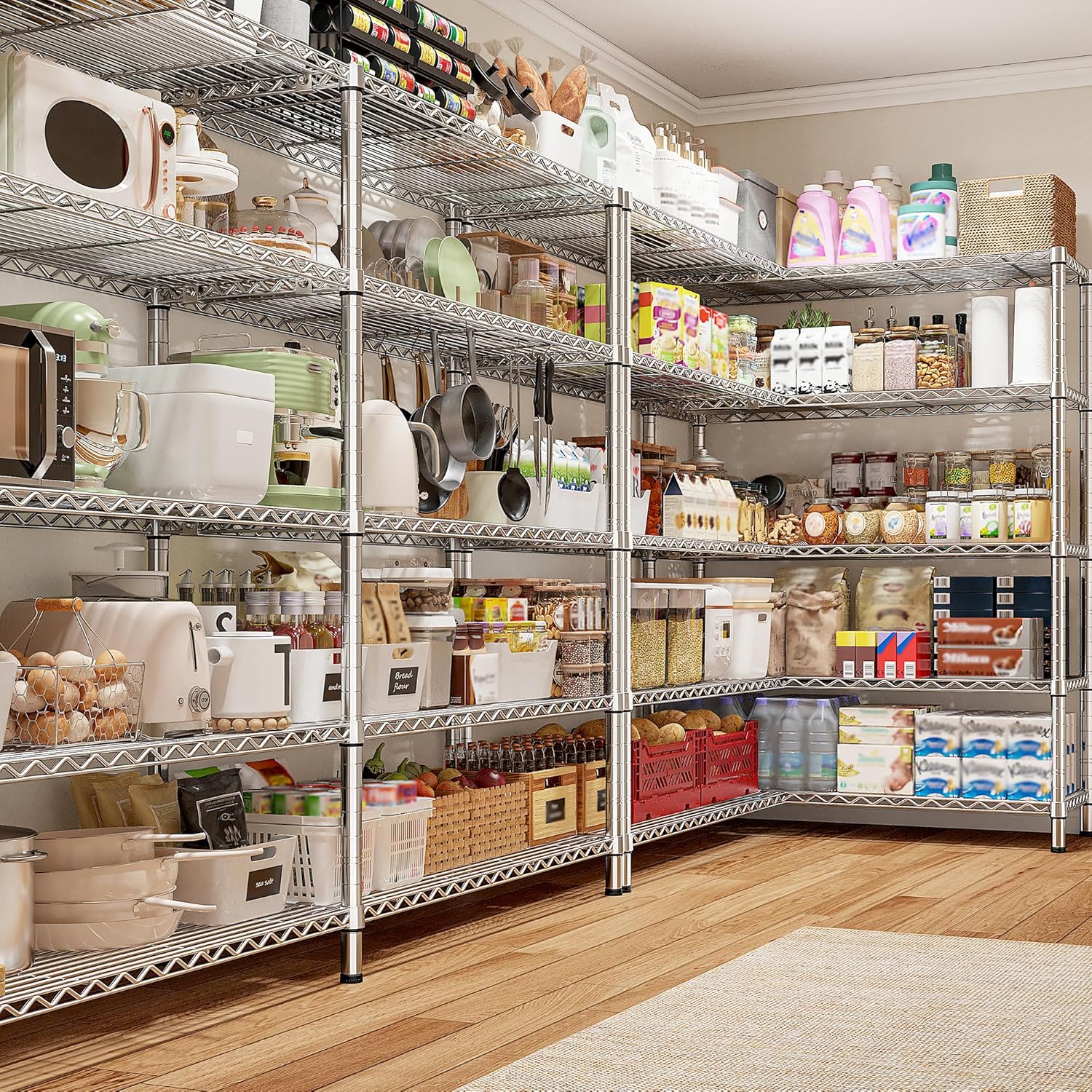 REIBII 69.8" W Storage Shelves 1510LBS Wire Shelving Unit 5 Tier Metal Shelving for Storage Rack Shelves Adjustable Heavy Duty Garage Shelf Pantry Shelves Kitchen Shelving,69.8"Wx15.8"Dx72.4"H,Chrome - NestledHome