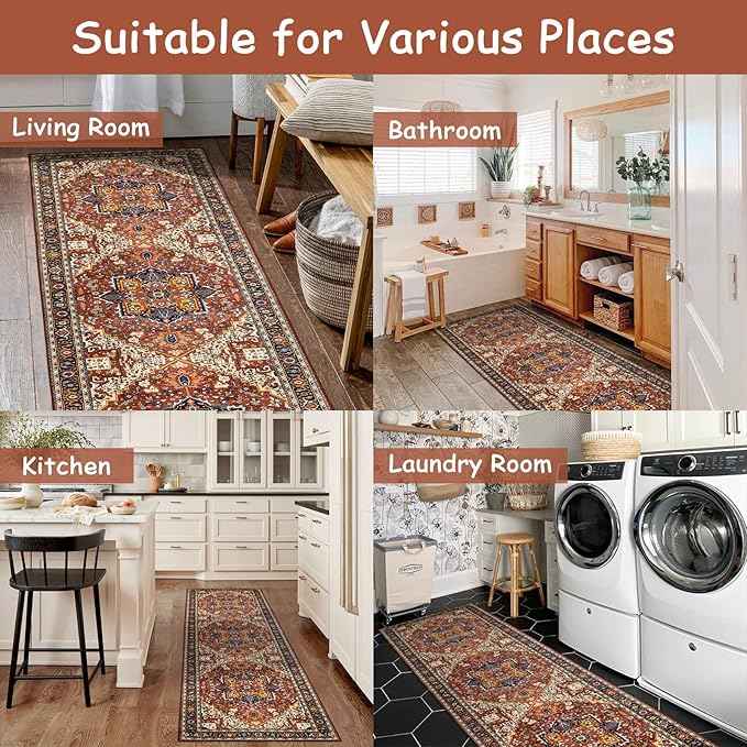 Moynesa Ultra-Thin Washable Runner Rug - 2'6"x8 Non-Slip Kitchen Runner, Non-Shedding Stain Resistance Low Pile Bedroom Mat Indoor Accent Carpet Runner for Bathroom Hallway, Brown/Multi
