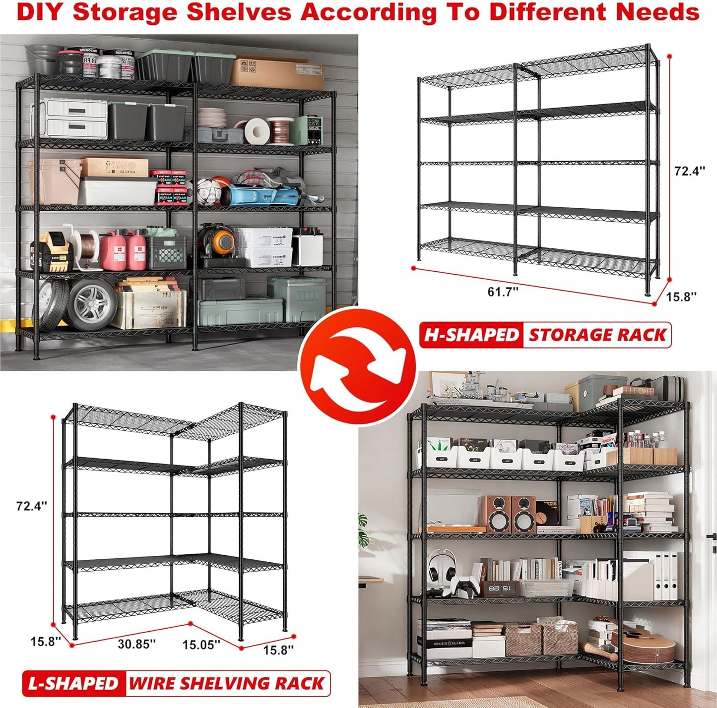 REIBII 5-Tier Heavy Duty Metal Wire Shelves, Industrial Style, 61.7"W x 72.4"H x 15.8"D, 1500 LBS Capacity, Adjustable, Rust Resistant, 2 Pack - NestledHome