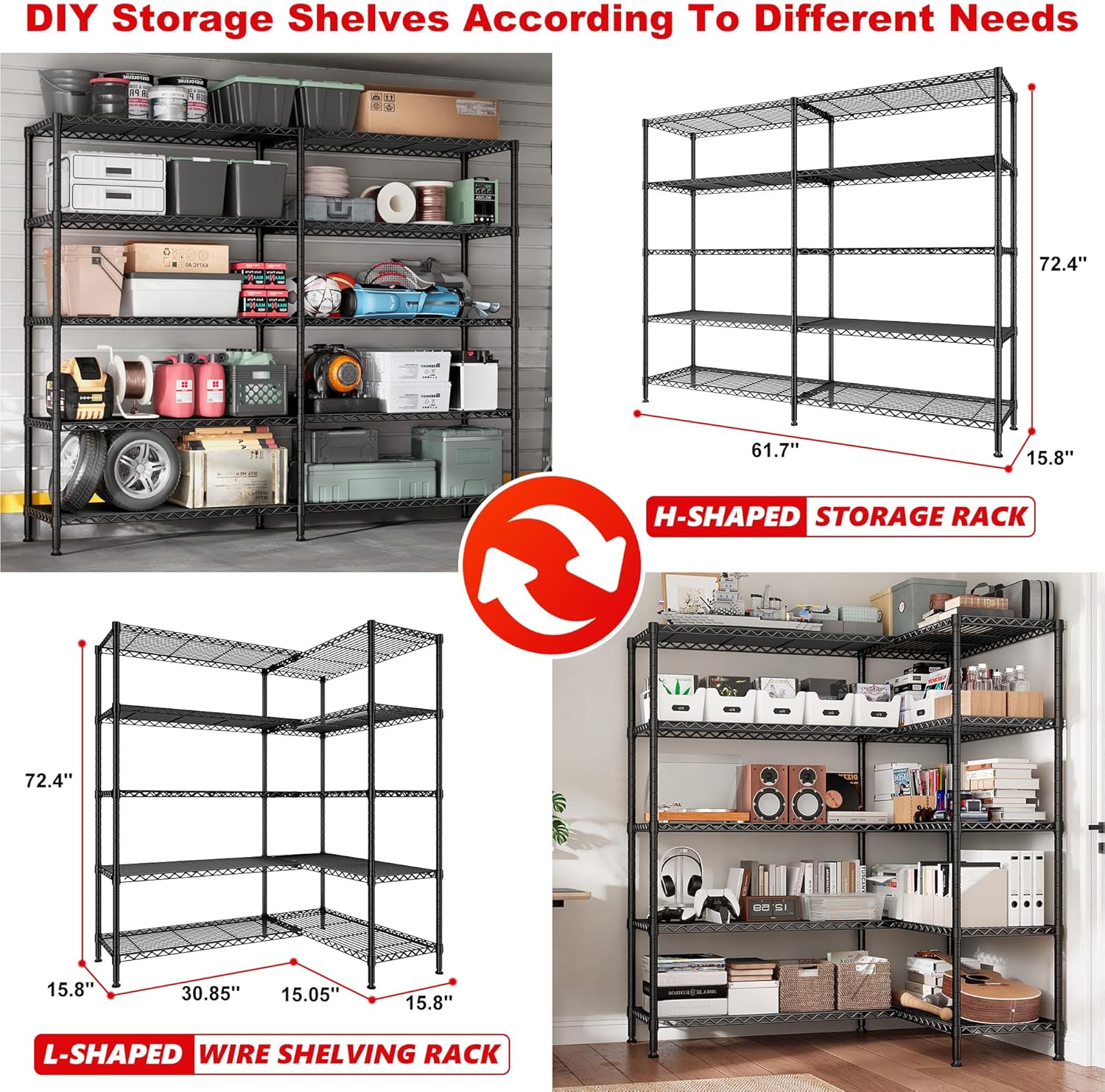 REIBII 5-Tier Heavy Duty Metal Wire Shelves, Industrial Style, 61.7"W x 72.4"H x 15.8"D, 1500 LBS Capacity, Adjustable, Rust Resistant, 2 Pack - NestledHome