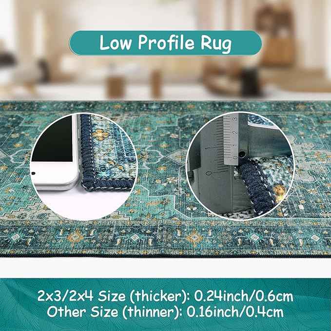 Moynesa Ultra-Thin Washable Vintage Area Rug - 5x7 Large Living Room Rug Boho Oriental Medallion Bedroom Mat Non-Slip Non-Shedding Dining Room Floor Carpet for Home Office, Teal/Mutil