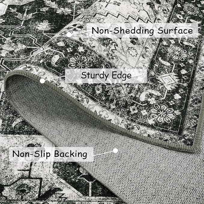 Moynesa Ultra-Thin Washable Area Rugs 8x10 Black and White Rugs for Living Room, Boho Large Rugs for Bedroom Non Slip Lightweight, Vintage Low Pile Carpet for Dining Room Home Office Decor