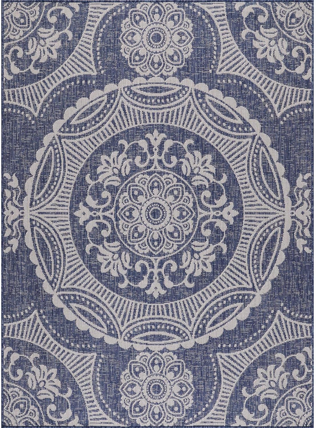 Medallion Outdoor Rug 5x7 Washable Outside Carpet for Indoor Patio Porch Waterproof Easy Cleaning Non Shedding Area Rugs Blue 5 x 7