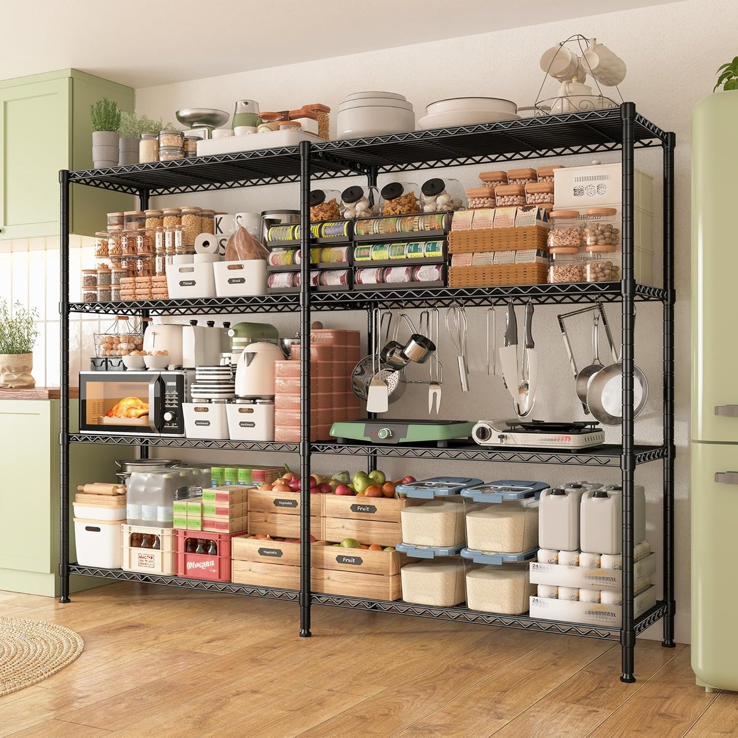 REIBII 61.7''W Storage Shelves Load 1220LBS Wire Shelving Unit 4 Tier Metal Shelving for Storage Rack Shelves Heavy Duty Garage Shelf Pantry Shelves Kitchen Shelving, 61.7" W*62.9" H*15.8" D, Black - NestledHome