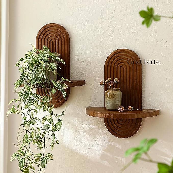Modern Wall Shelf (Set of 2) with Arched Wood Design Mid-Century Single Floating Rainbow Shelves for Indoor Decoration Holding Planter Ornaments, 14 x 11.6 Inch (Walnut)