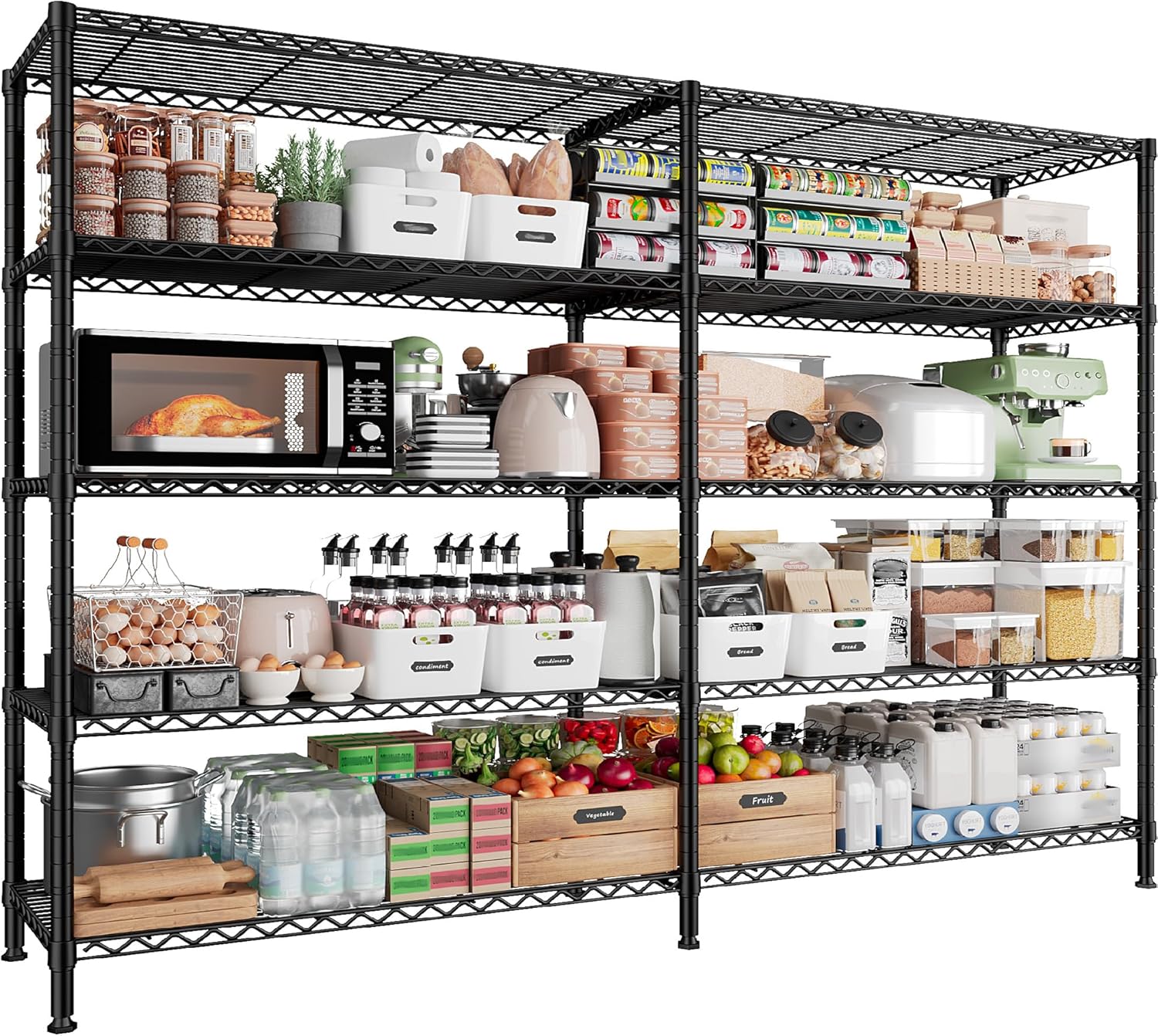 REIBII 1500LBS Storage Shelves Metal Shelving Unit 61.7''W Wire Shelving, 5 Tier Pantry Shelves Kitchen Shelves Adjustable Wire Shelf for Garage Shelving Heavy Duty, 61.7" W*72.4" H*15.8" D - NestledHome