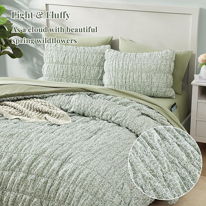 Twin XL Size Comforter Sets-5 Pieces Puff Sage Green Floral Bedding Set for All Seasons, Shabby Chic Farmhouse Bed in a Bag Twin XL with Floral Comforter, Sheets, Pillowcases & Shams