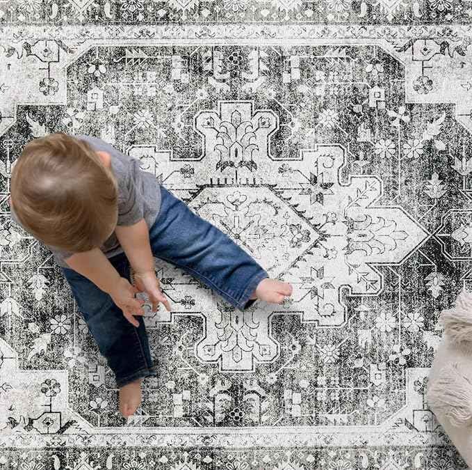 Moynesa Ultra-Thin Washable Area Rug - 5x7 Large Gray Rug for Living Room Vintage Rugs for Bedroom, Non Slip Non Shedding Pet Friendly Dining Room Mat Carpet for Department Office Kitchen