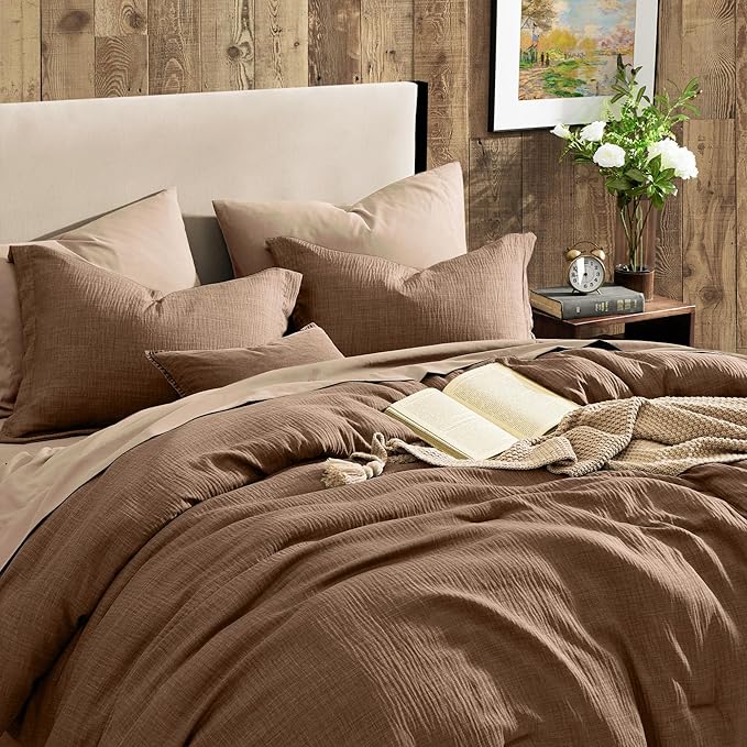 Geniospin Brown Full Comforter Set - 7 Pieces Comforter Full Size, Solid Bedding Set for All Season, Textured Bed in a Bag with Sheets