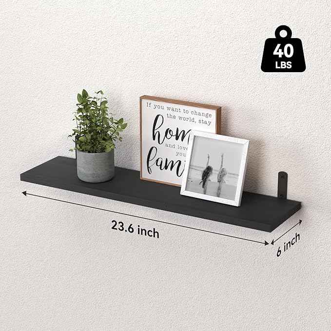 WOPITUES Wood Floating Shelves Set of 6, 24 inch Long Floating Shelves for Wall Decor, Farmhouse Shelf for Bedroom, Bathroom Storage Shelves, Book Shelves for Living Room - Black